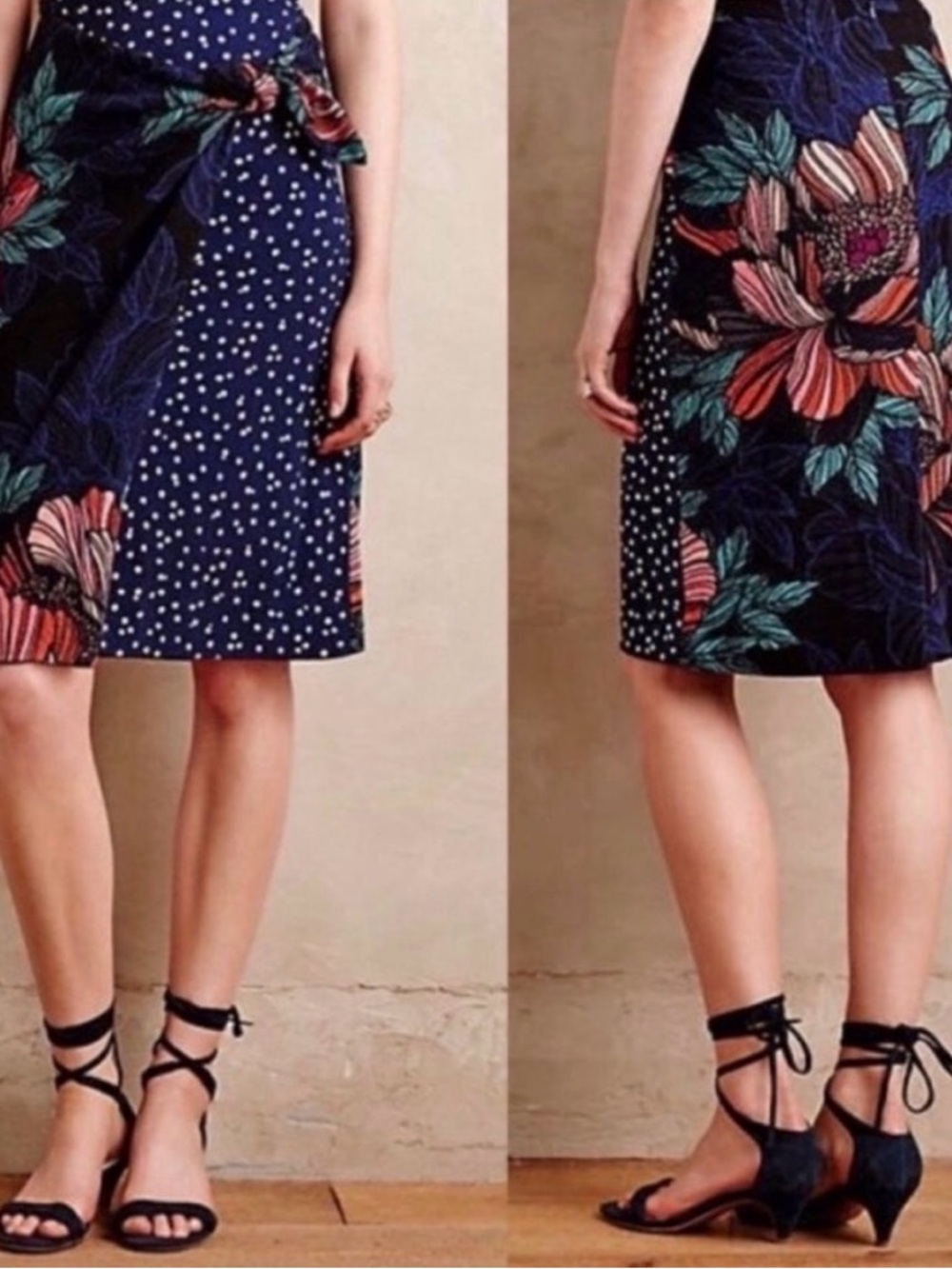 Anthropologie - Maeve Navy Floral & Polka Dot Pencil Skirt Faux Tie